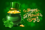 Green pot of gold with St Patrick’s Day decorations, green top hat and clovers