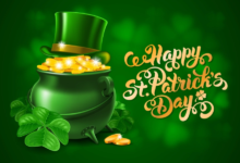 Green pot of gold with St Patrick’s Day decorations, green top hat and clovers